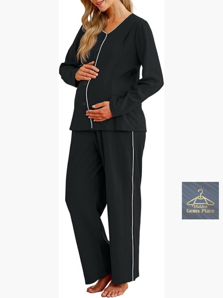 100% Cotton Maternity Nursing Pajama Set Long Sleeve Button Down Loungewear